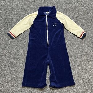 Vintage 70s Baby Velour Zip Romper Blue Cream Long Sleeve Retro Toddler Outfit